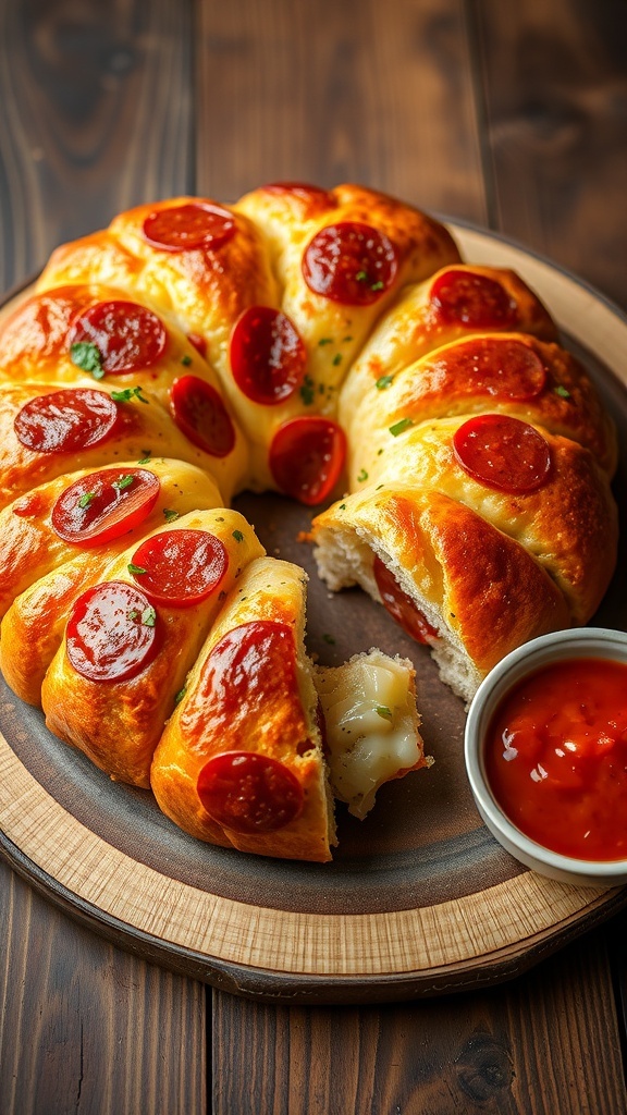 Easy Pizza Monkey Bread Recipe Golden-brown pizza monkey bread with cheese and pepperoni, served with marinara sauce on the side.